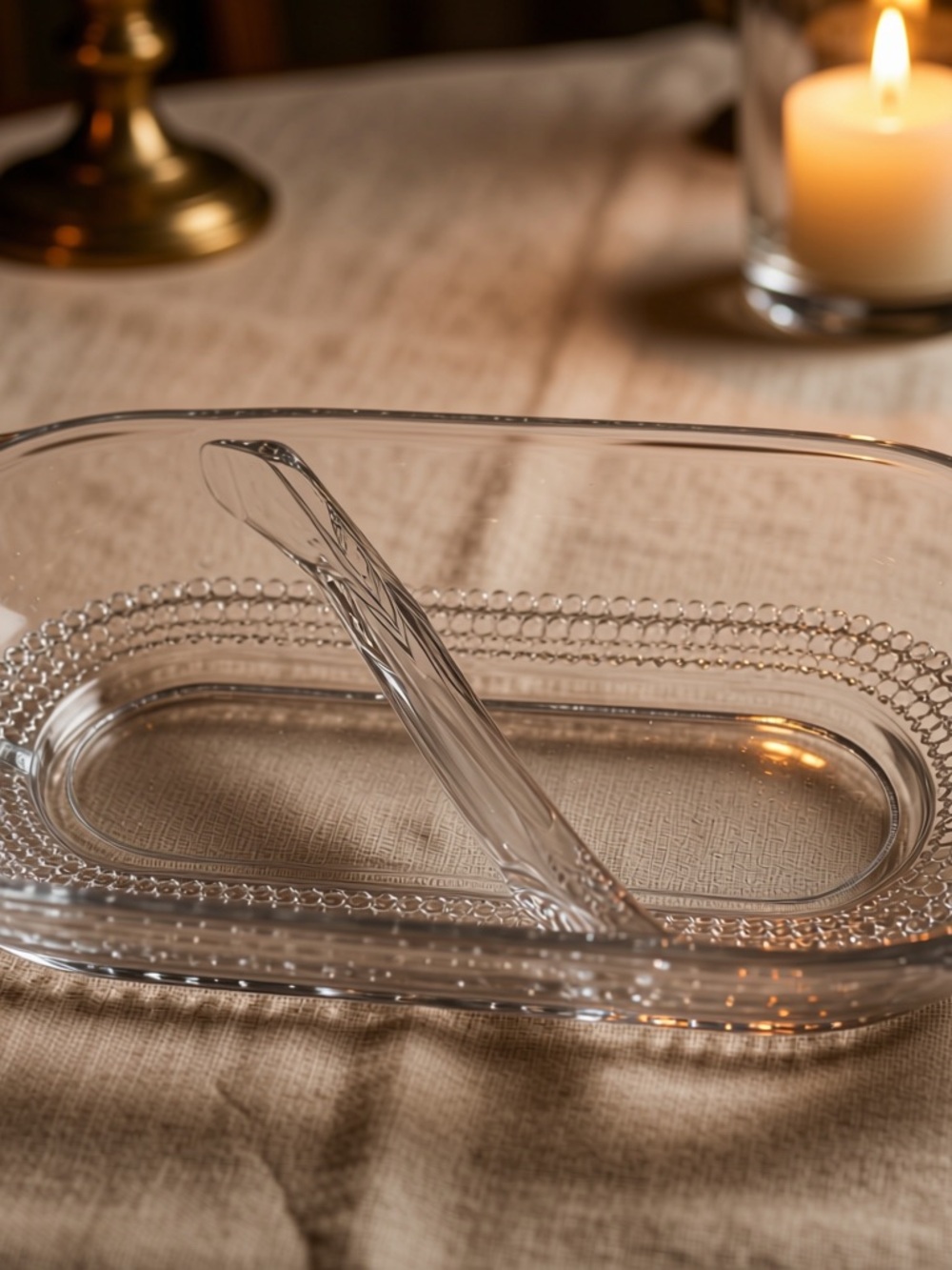 1930’s Duncan & Miller Olive or Trinket Dish Clear Glass Teardrop Pattern 7”